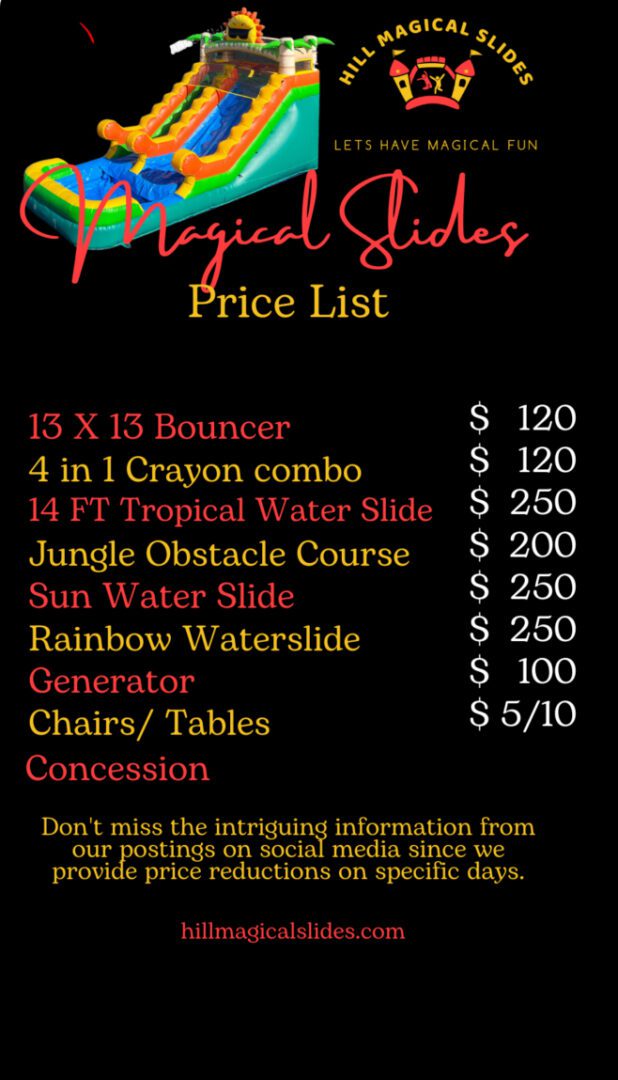 A price list for the tropical slides.